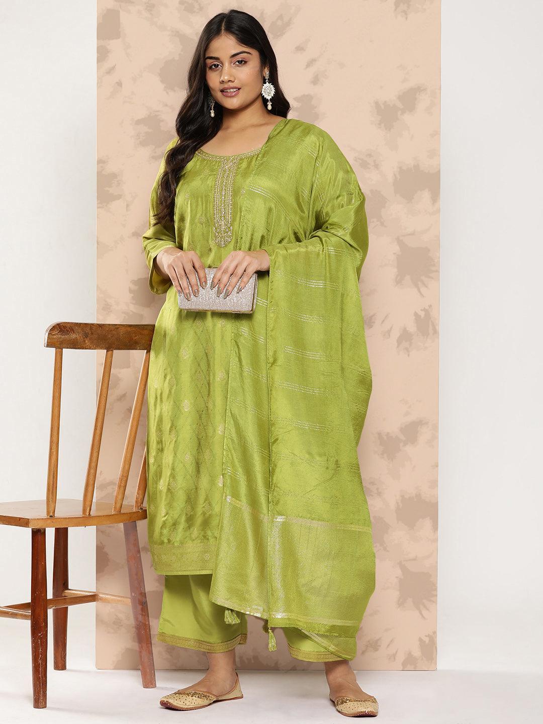 Green Embroidered Silk Blend Straight Kurta With Trousers and Dupatta - Libas