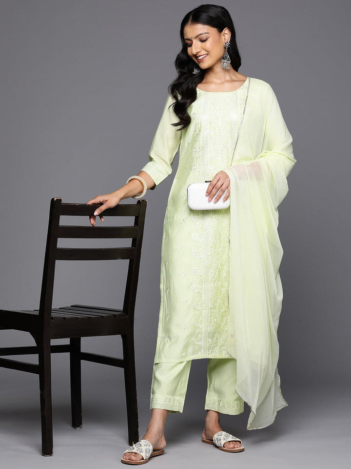 Green Embroidered Silk Blend Straight Kurta With Trousers & Dupatta - Libas