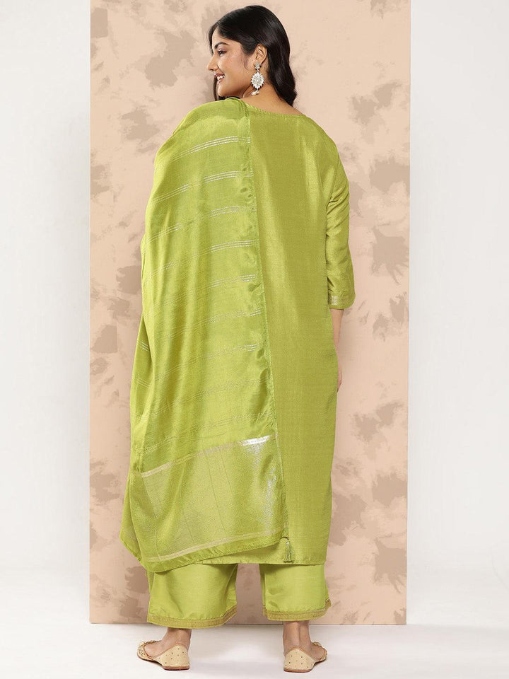 Green Embroidered Silk Blend Straight Kurta With Trousers and Dupatta - Libas