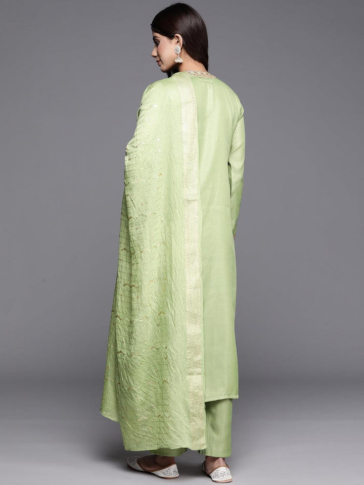 Green Embroidered Silk Blend Straight Kurta With Trousers & Dupatta - Libas