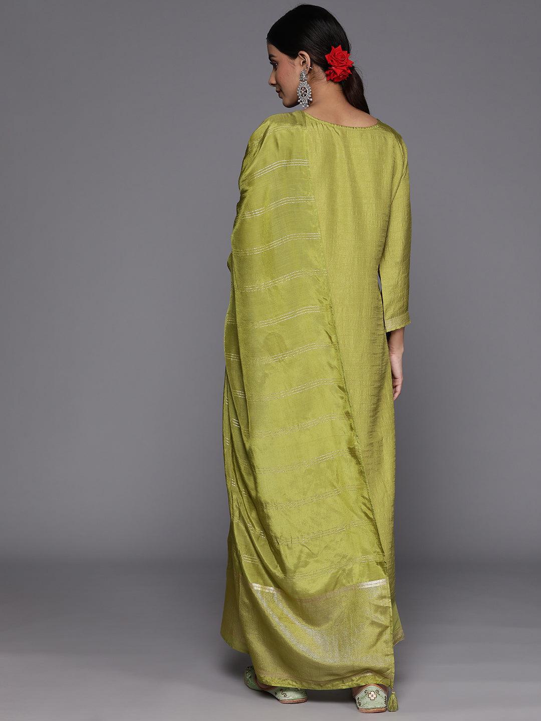 Green Embroidered Silk Blend Suit Set With Trousers