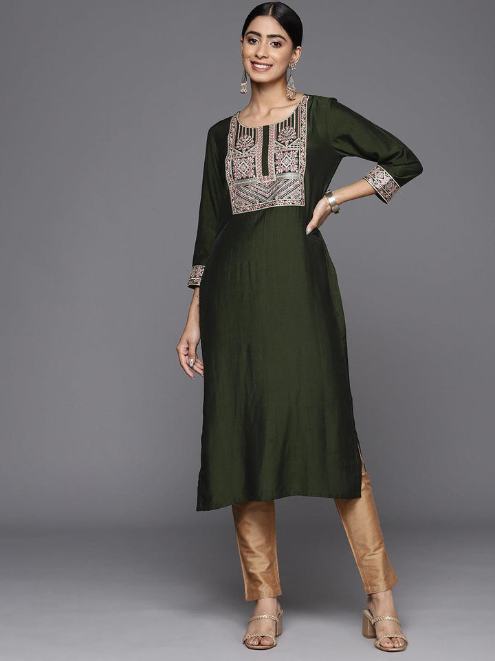 Green Embroidered Silk Straight Kurta - ShopLibas