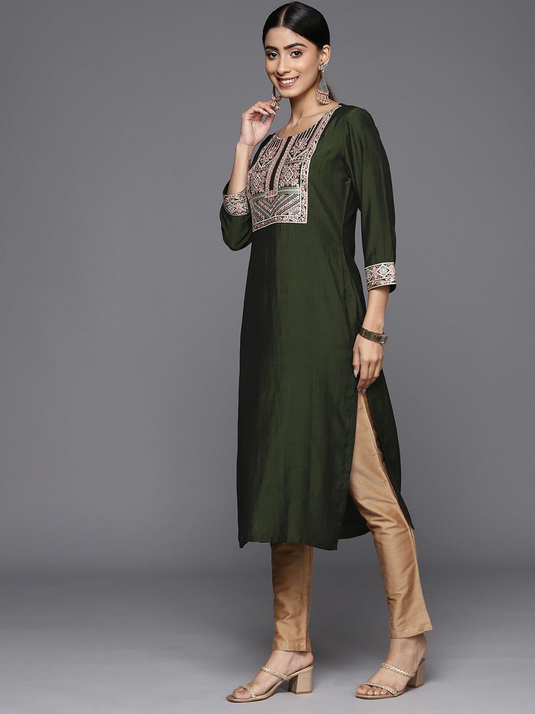 Green Embroidered Silk Straight Kurta - ShopLibas