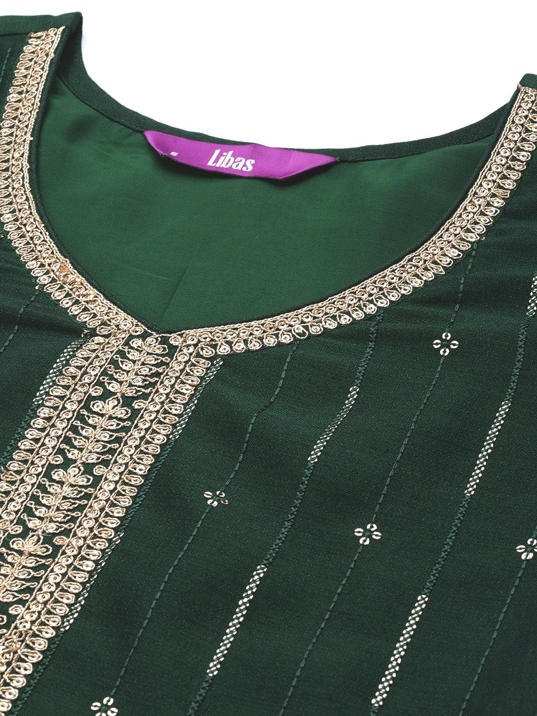 Green Embroidered Silk Straight Kurta - ShopLibas