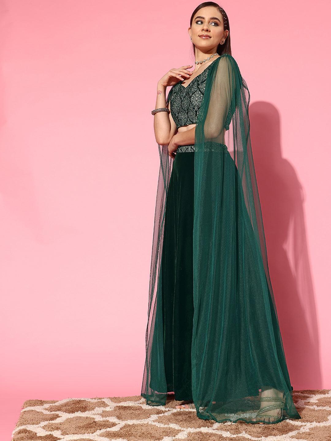 Green Embroidered Velvet Lehenga Set