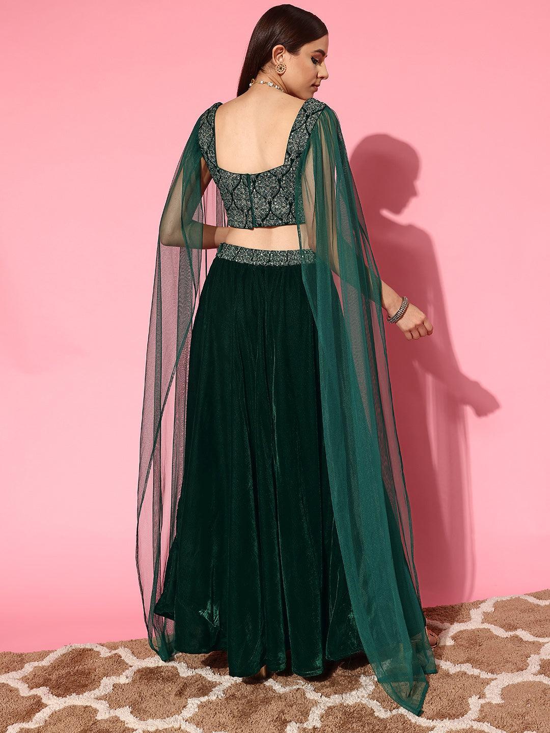 Green Embroidered Velvet Lehenga Set