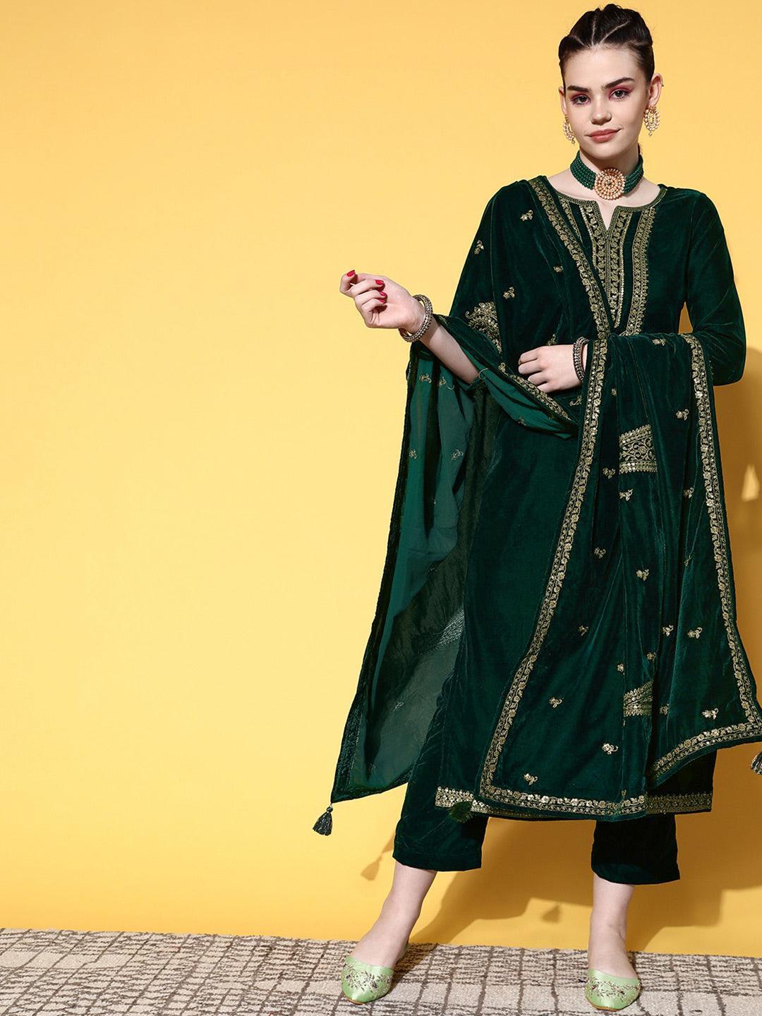 Green Embroidered Velvet Straight Suit Set