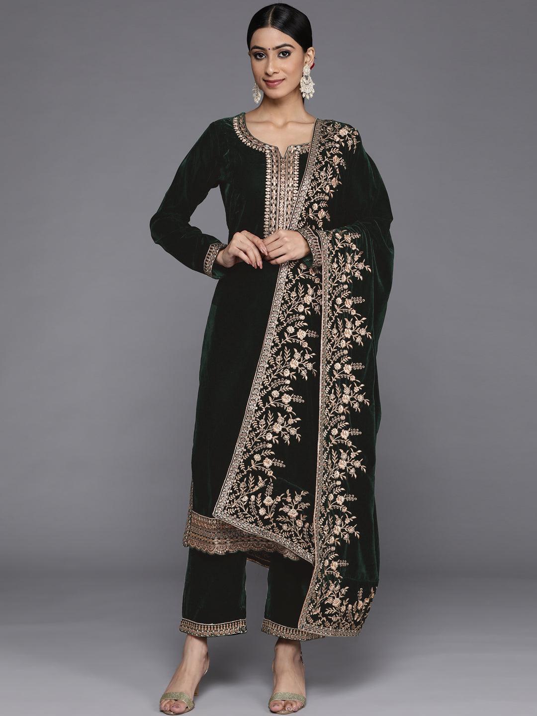 Green Embroidered Velvet Straight Kurta With Trousers & Dupatta