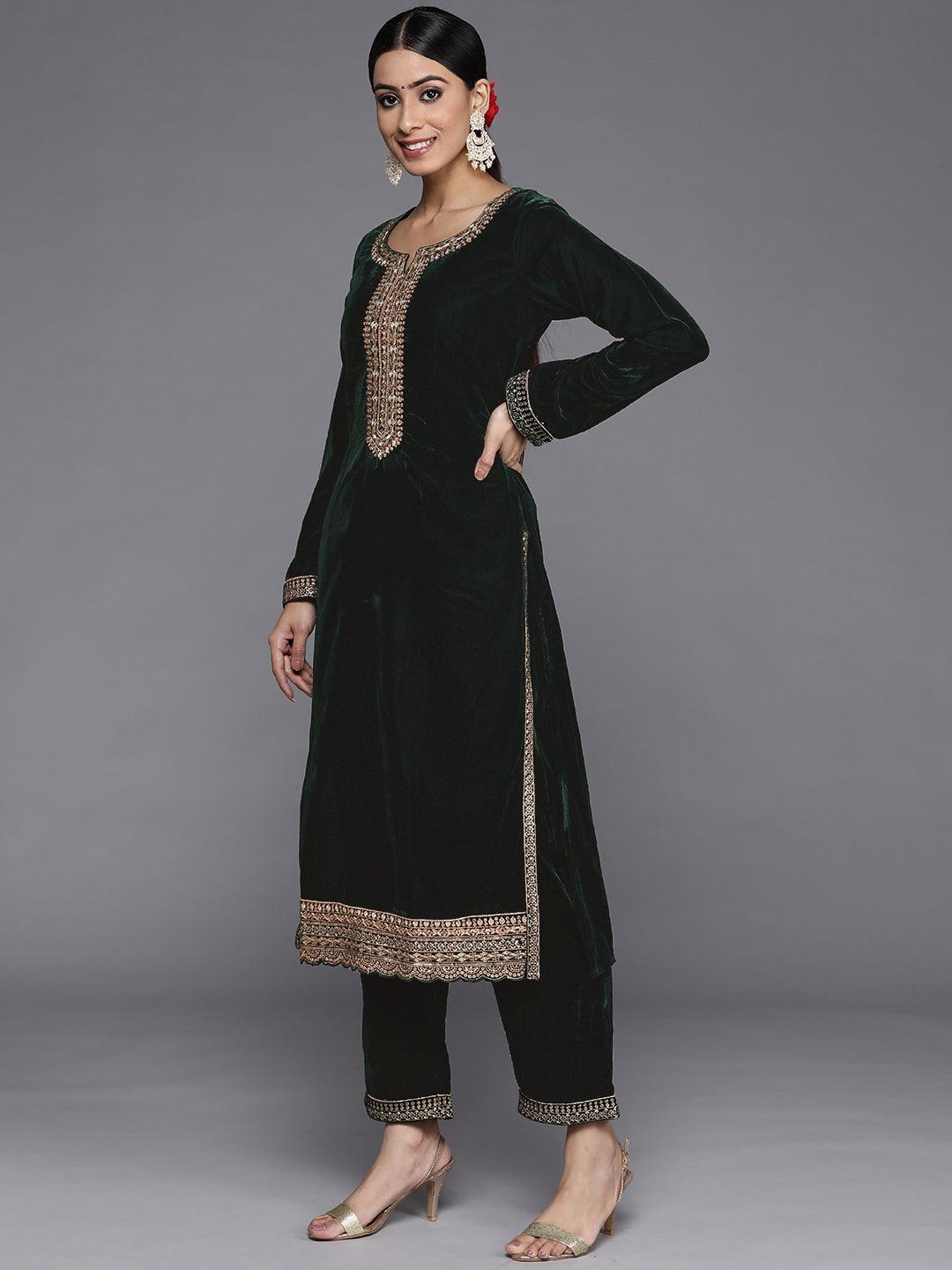 Green Embroidered Velvet Straight Kurta With Trousers & Dupatta