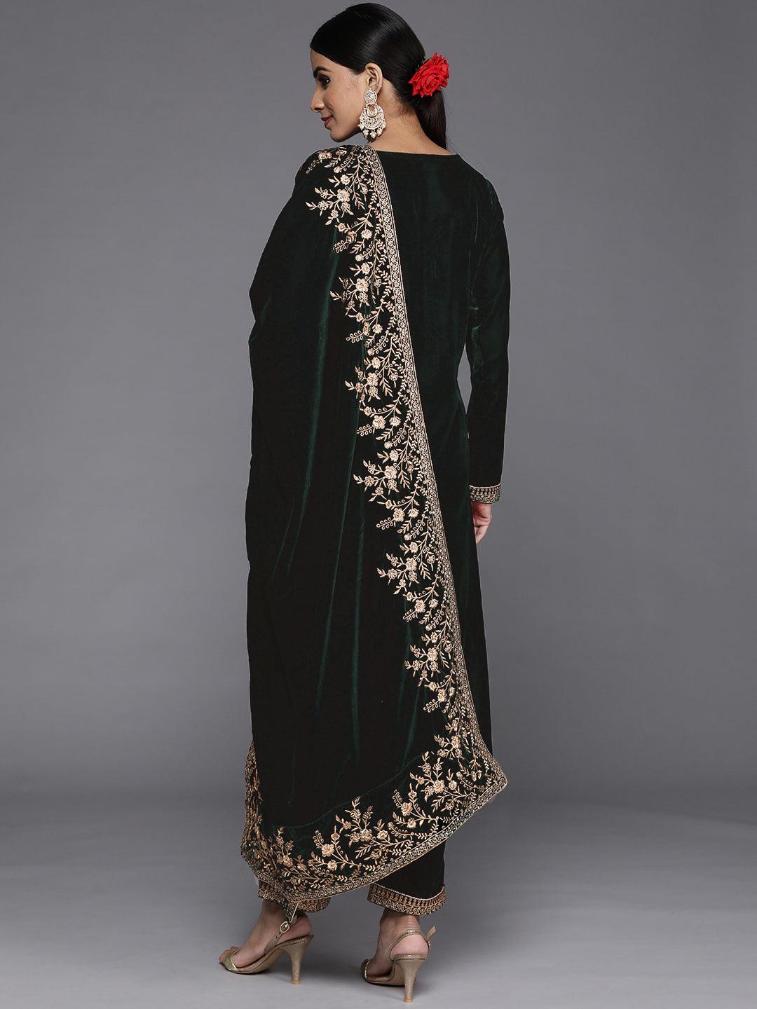 Green Embroidered Velvet Straight Kurta With Trousers & Dupatta