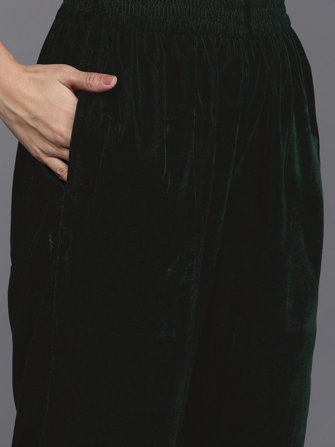 Green Embroidered Velvet Straight Kurta With Trousers & Dupatta