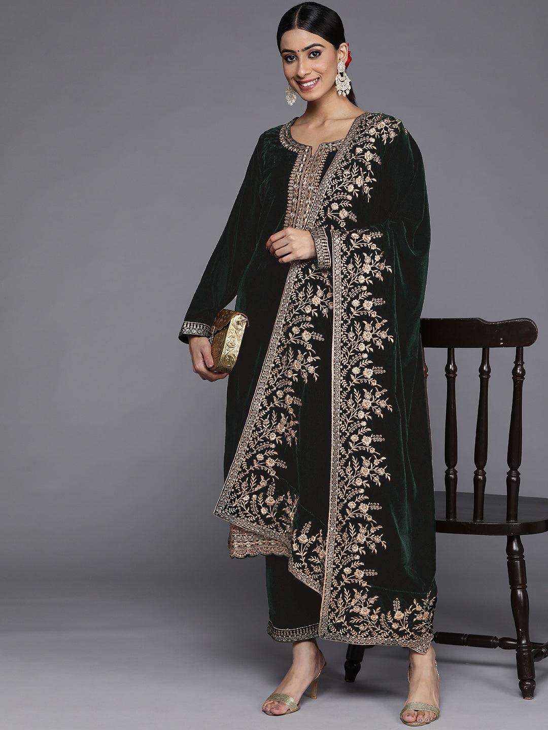 Green Embroidered Velvet Straight Kurta With Trousers & Dupatta