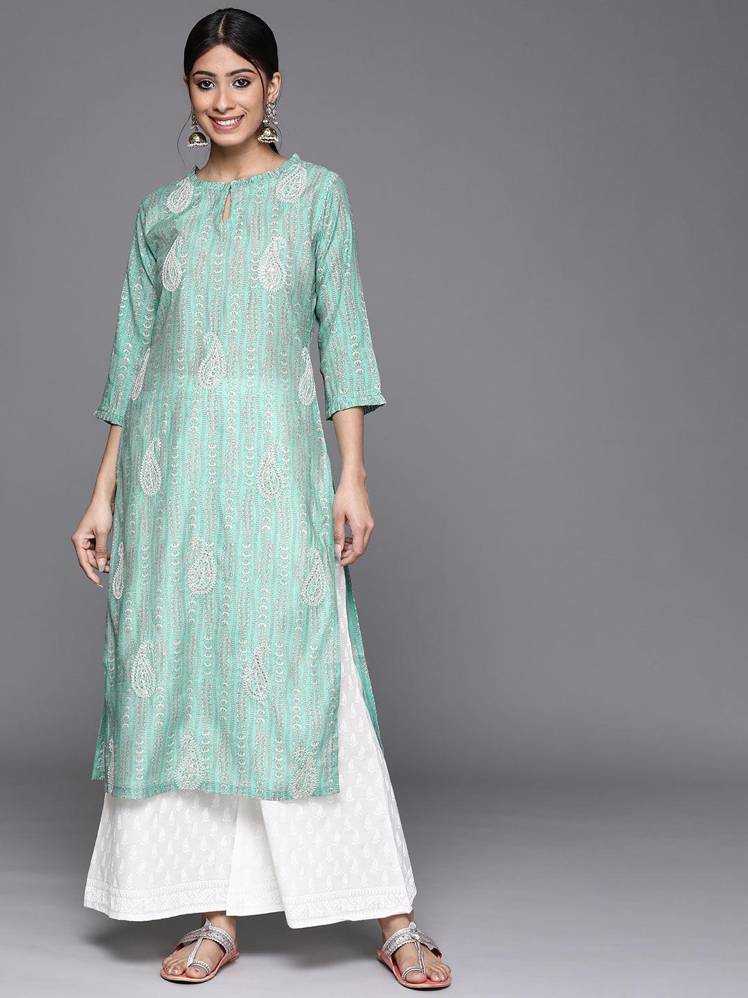 Green Printed Chanderi Silk Kurta