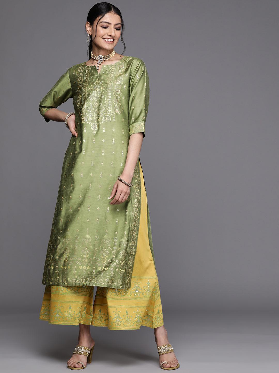 Green Printed Chanderi Silk Kurta - ShopLibas