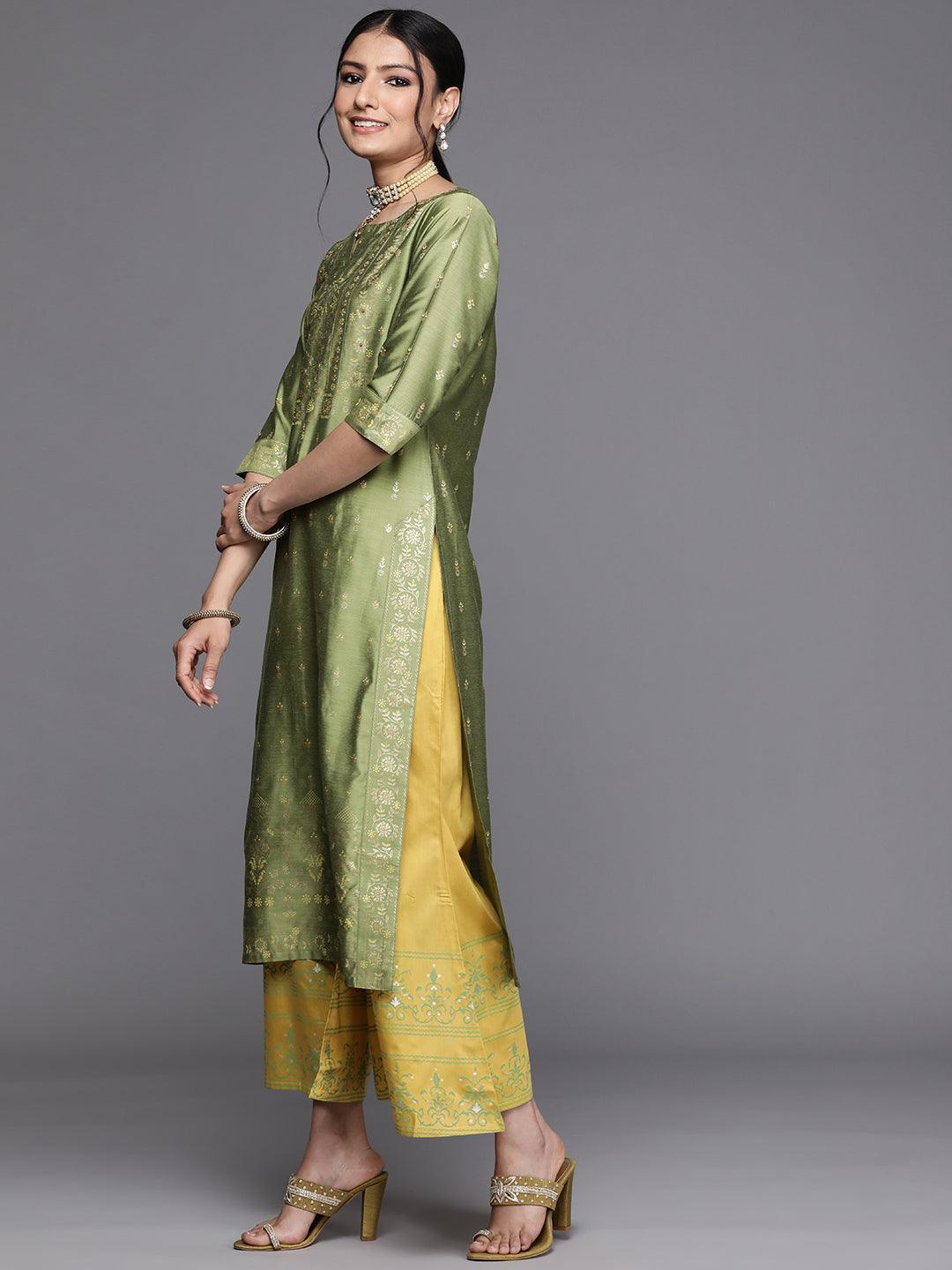 Green Printed Chanderi Silk Kurta - ShopLibas