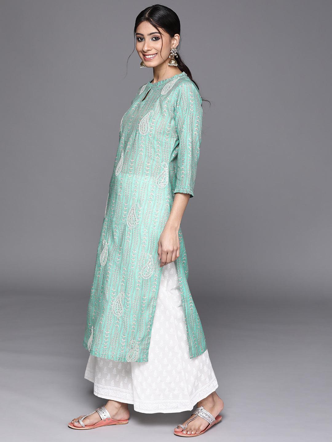 Green Printed Chanderi Silk Kurta