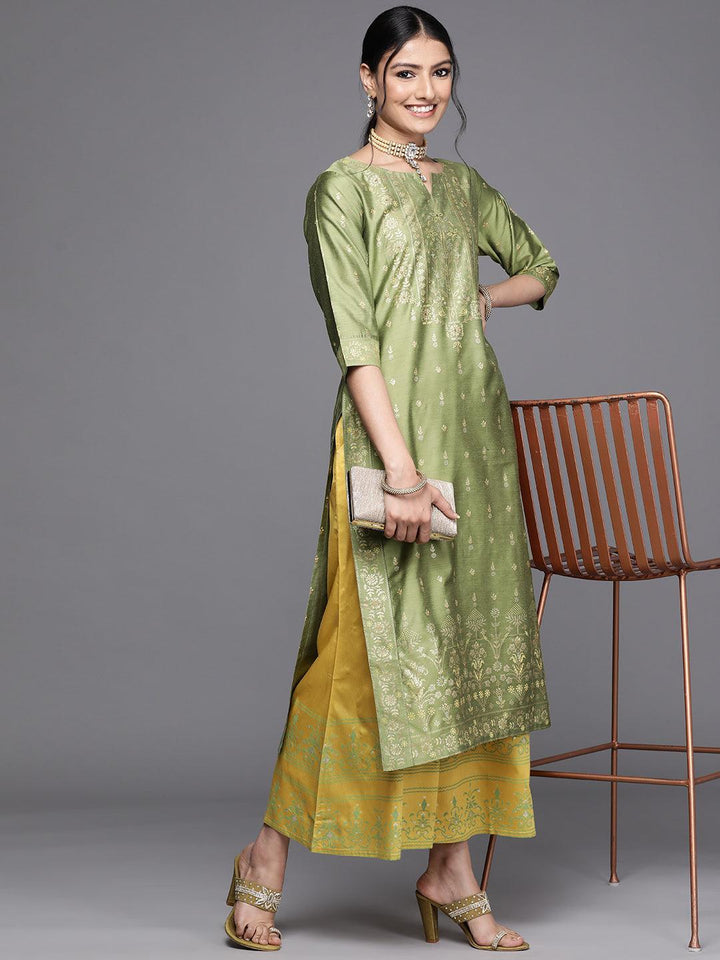 Green Printed Chanderi Silk Kurta - ShopLibas