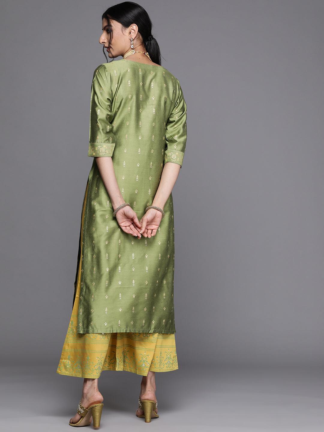 Green Printed Chanderi Silk Kurta - ShopLibas