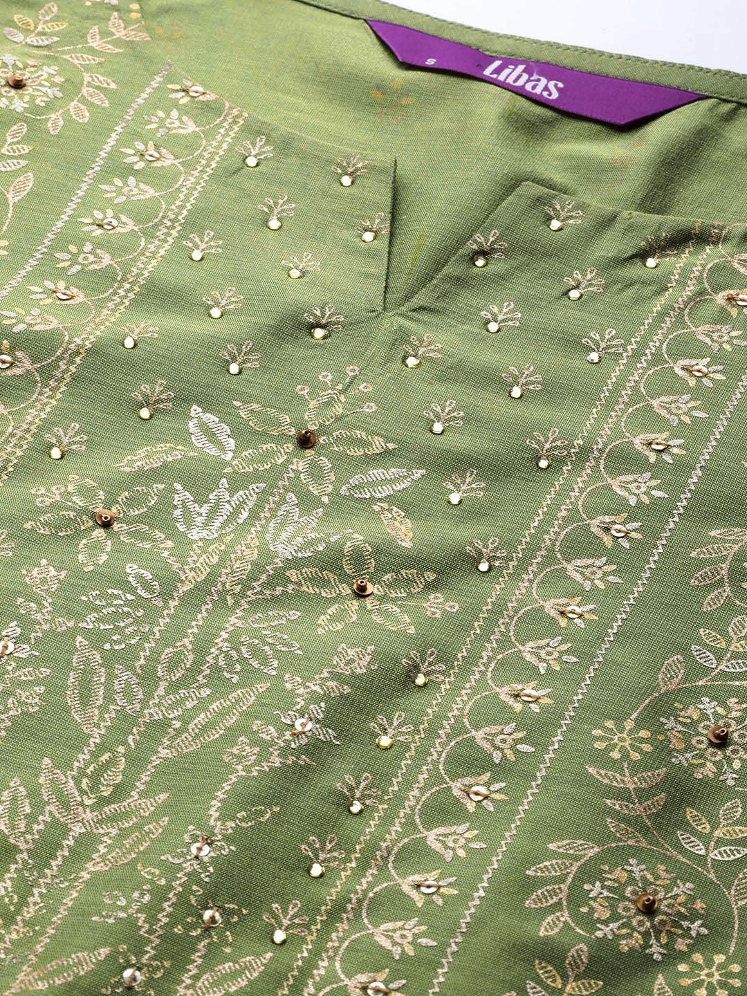 Green Printed Chanderi Silk Kurta