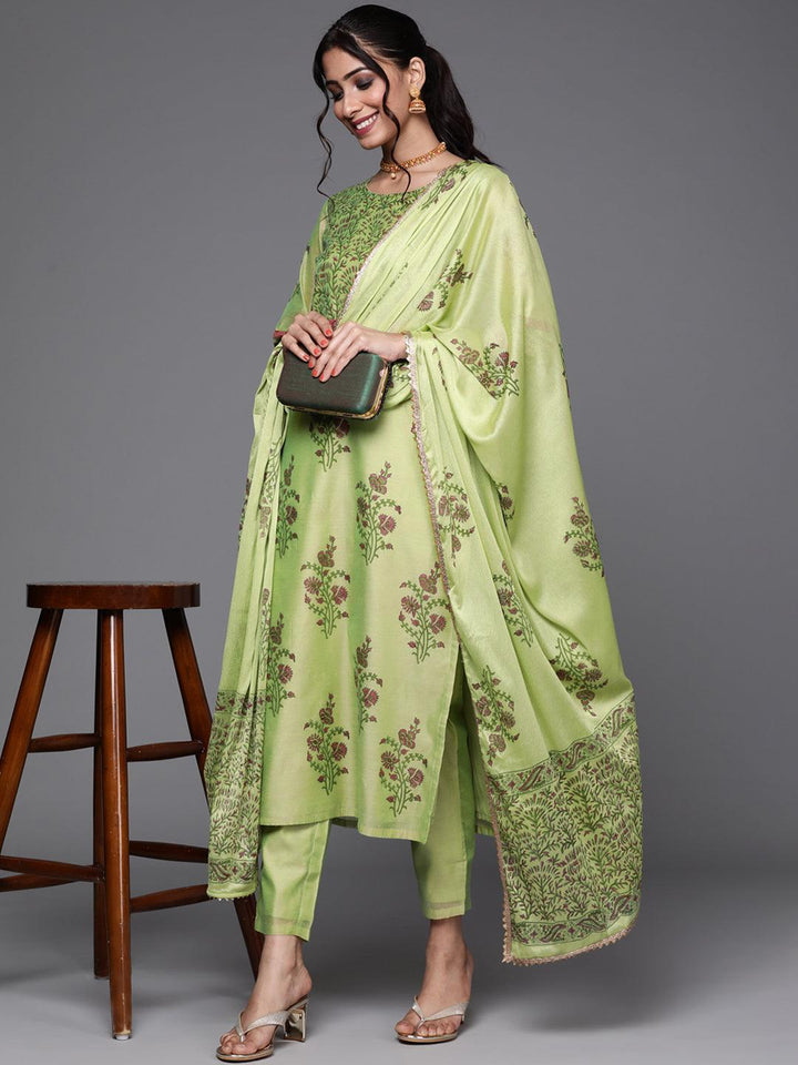 Green Printed Chanderi Silk Suit Set - ShopLibas