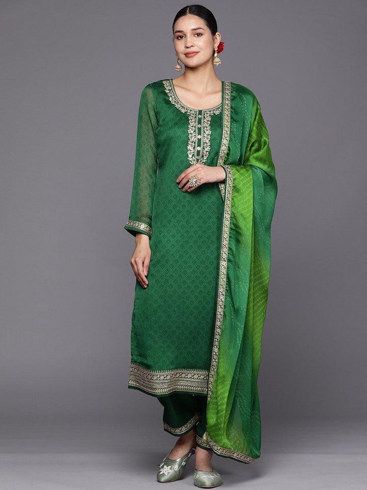 Green Printed Chiffon Straight Suit Set With Trousers - ShopLibas