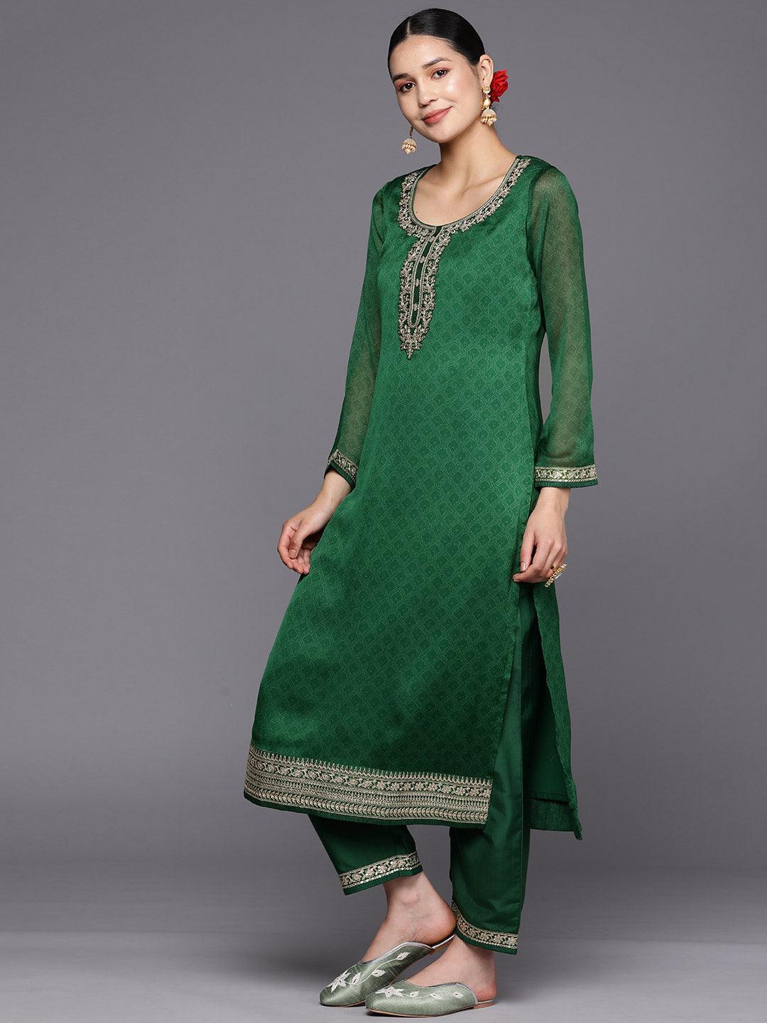 Green Printed Chiffon Straight Suit Set With Trousers - ShopLibas