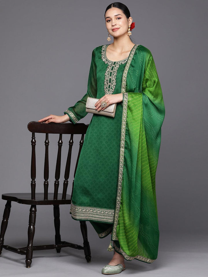 Green Printed Chiffon Straight Suit Set With Trousers - ShopLibas