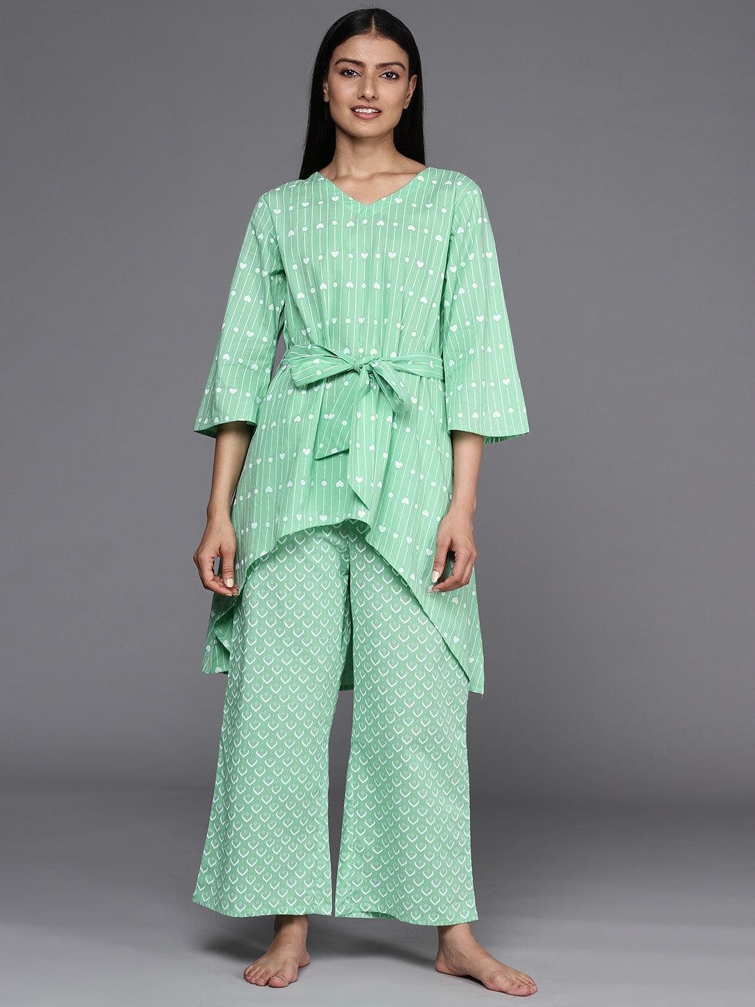 Green Printed Cotton Kurta Set