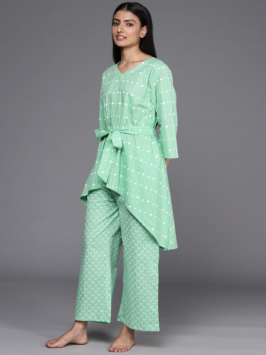 Green Printed Cotton Kurta Set