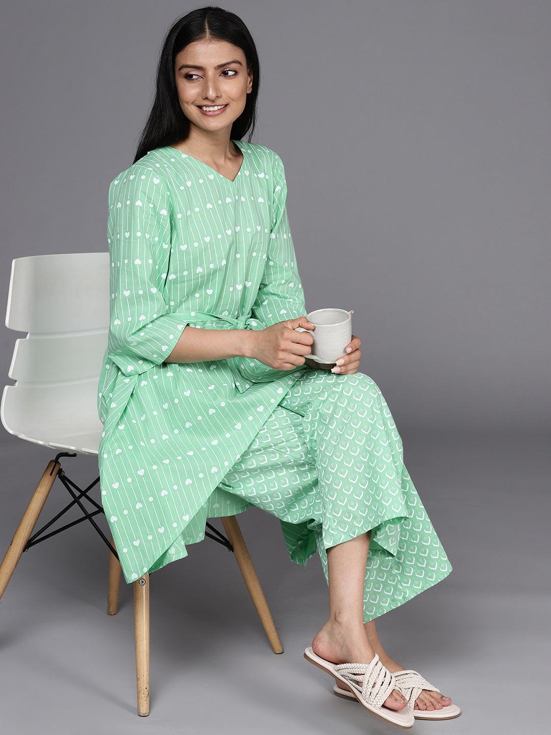 Green Printed Cotton Kurta Set