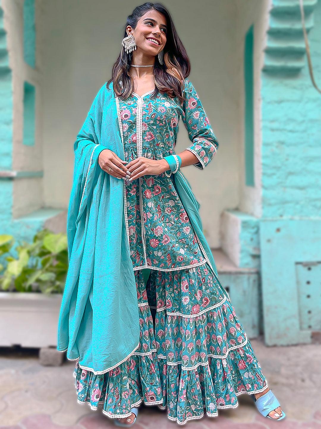 Green Printed Cotton Suit Set - ShopLibas