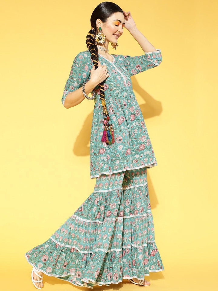 Green Printed Cotton Suit Set - ShopLibas