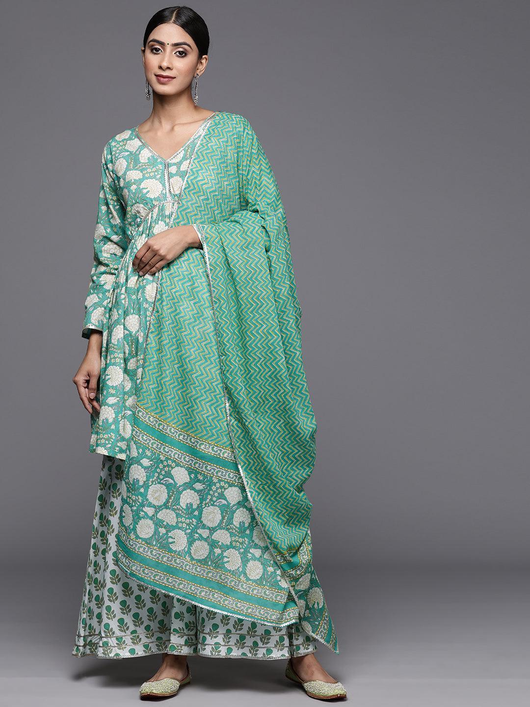 Green Printed Cotton A-Line Kurti With Sharara & Dupatta