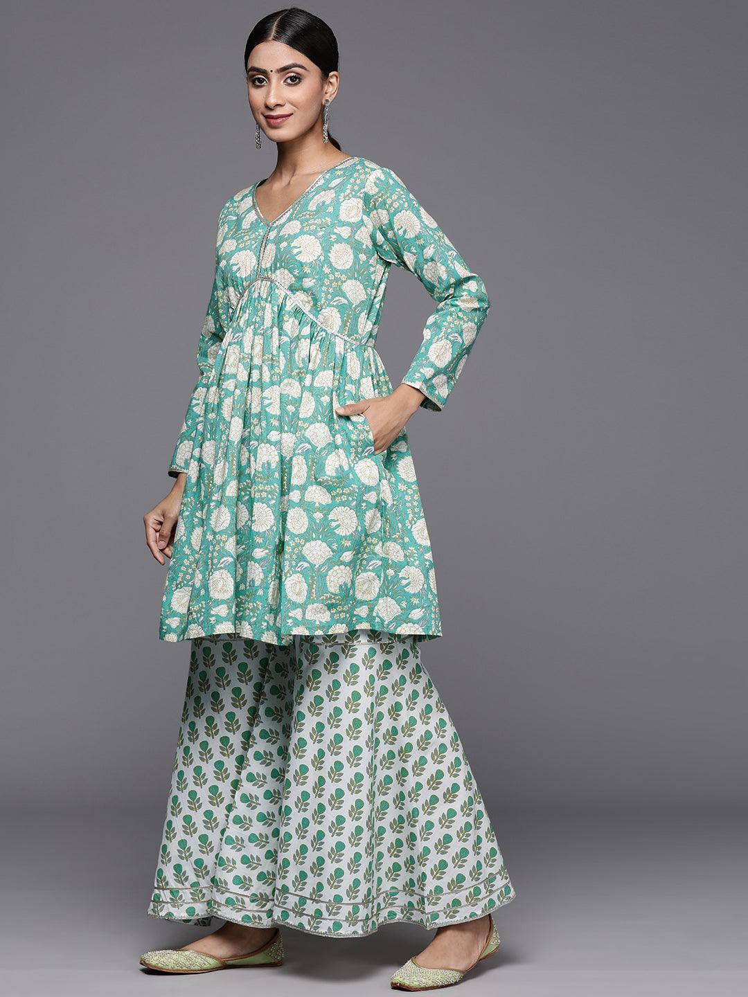 Green Printed Cotton A-Line Kurti With Sharara & Dupatta