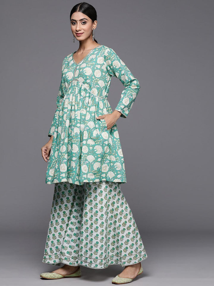 Green Printed Cotton A-Line Kurti With Sharara & Dupatta - Libas