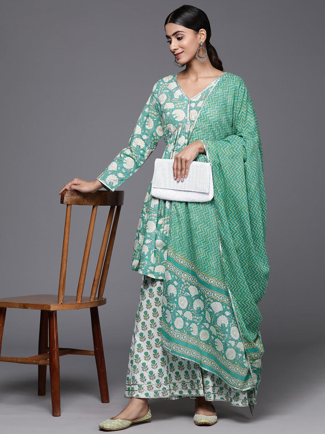 Green Printed Cotton A-Line Kurti With Sharara & Dupatta - Libas