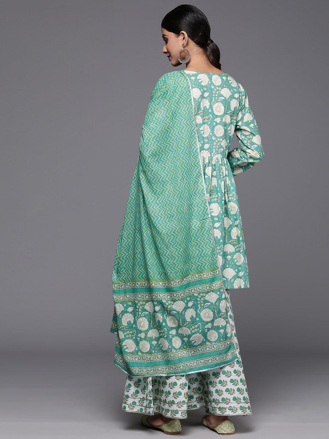 Green Printed Cotton A-Line Kurti With Sharara & Dupatta