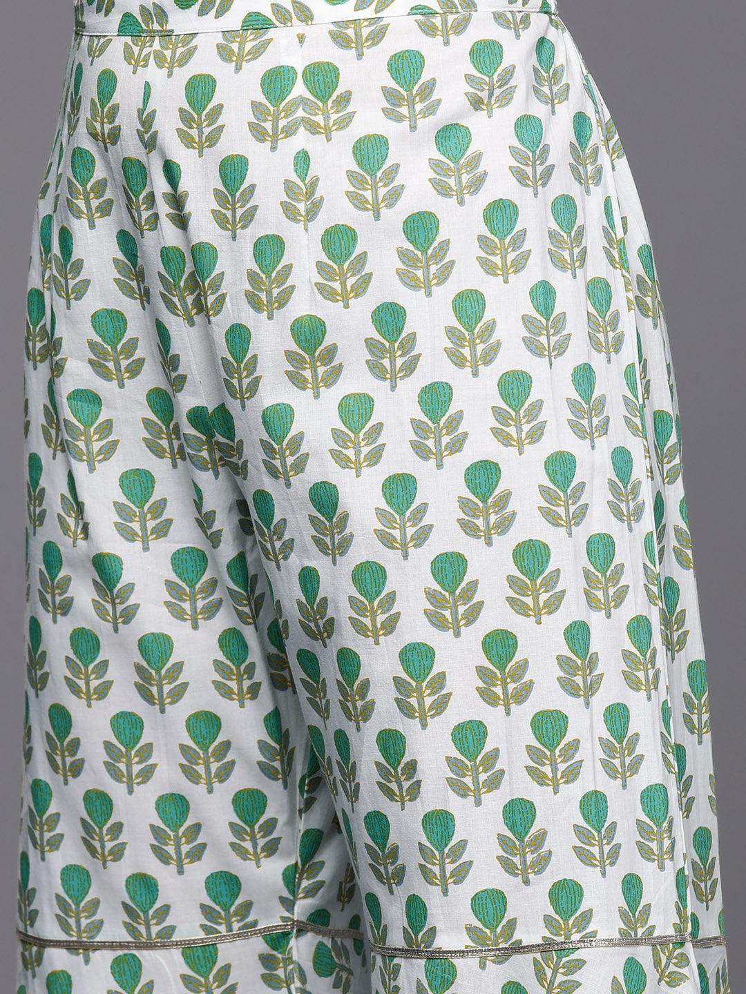 Green Printed Cotton A-Line Kurti With Sharara & Dupatta