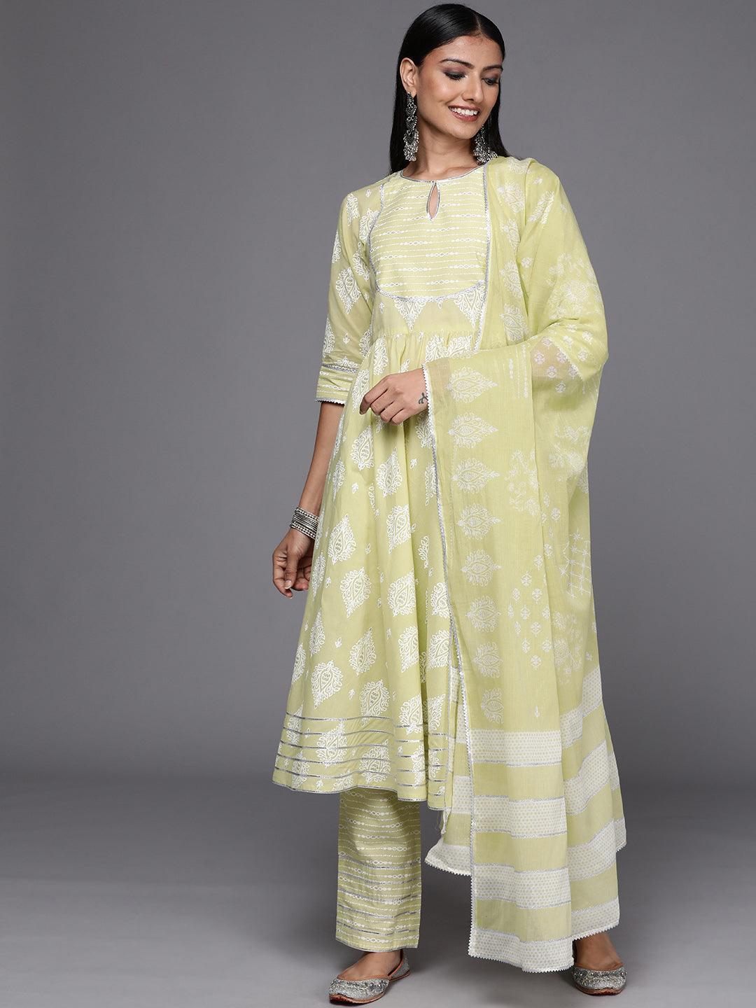 Green Printed Cotton Anarkali Kurta With Dupatta