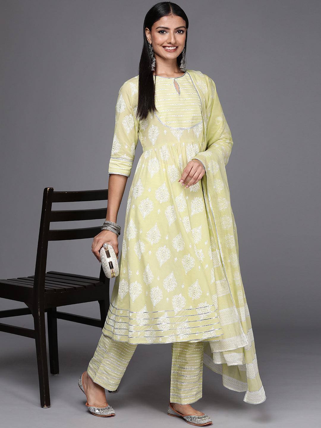 Green Printed Cotton Anarkali Kurta With Dupatta