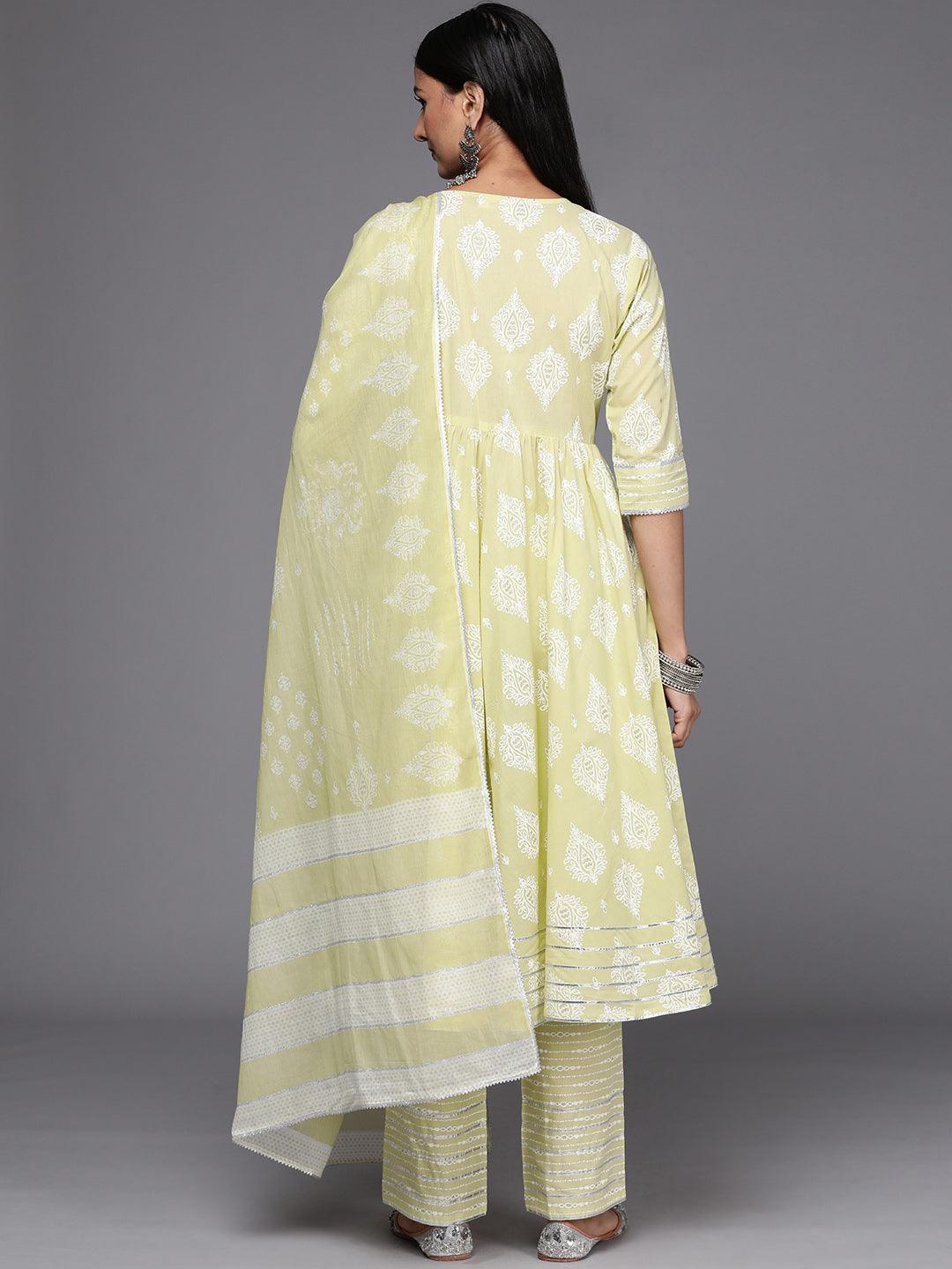 Green Printed Cotton Anarkali Kurta With Dupatta