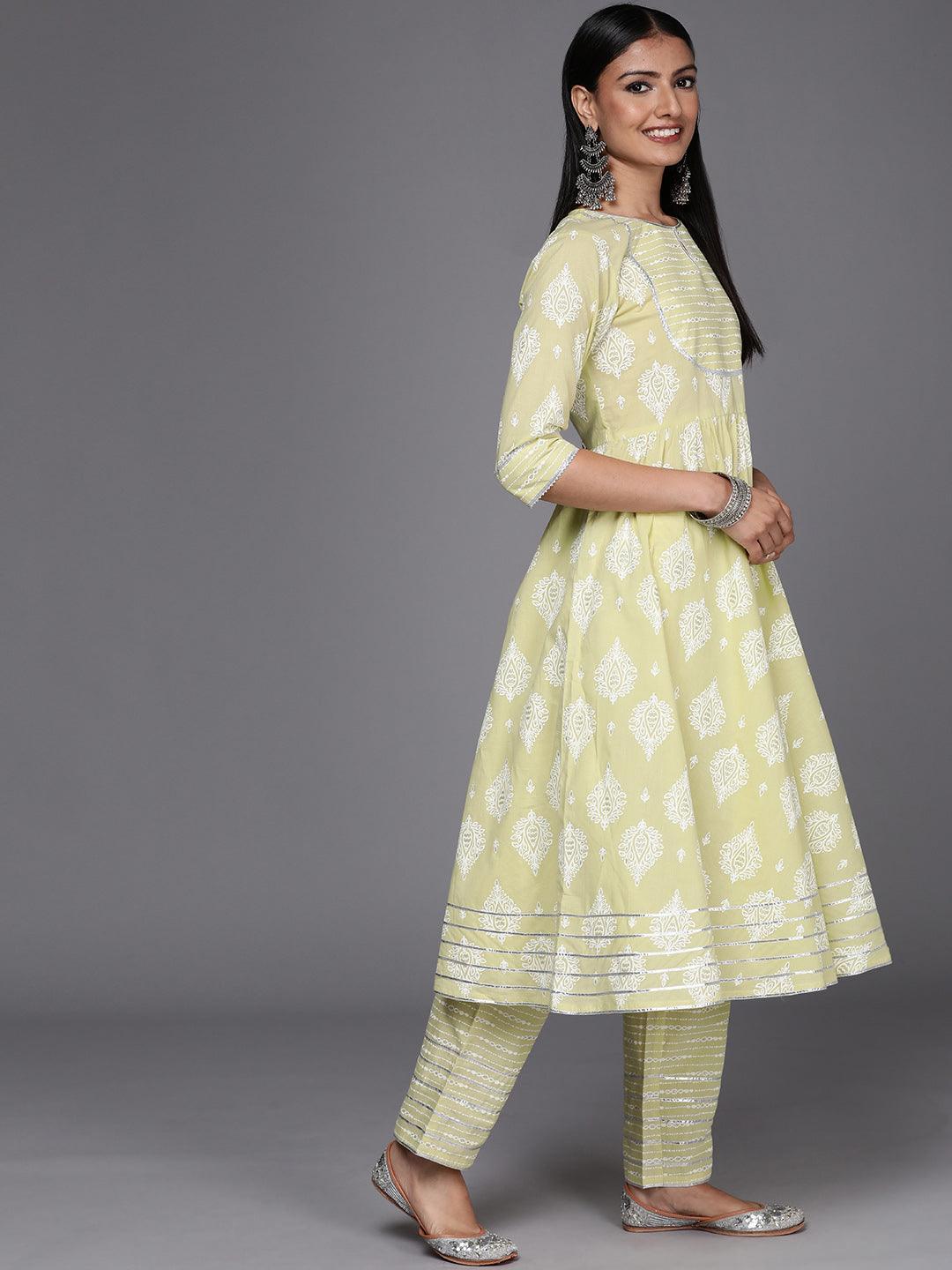 Green Printed Cotton Anarkali Kurta With Dupatta