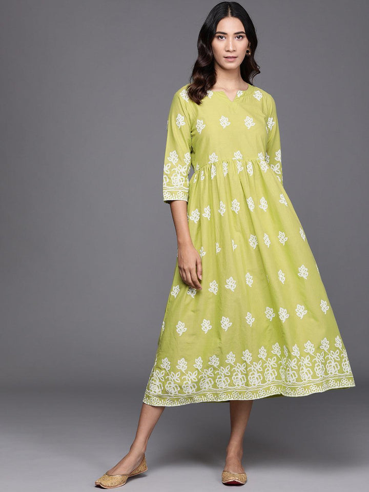 Green Printed Cotton Dress - Libas