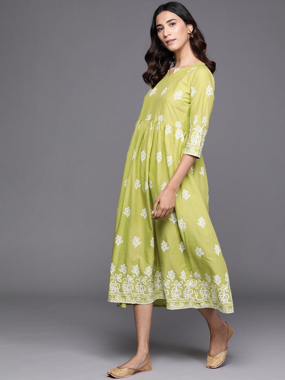 Green Printed Cotton Dress - Libas