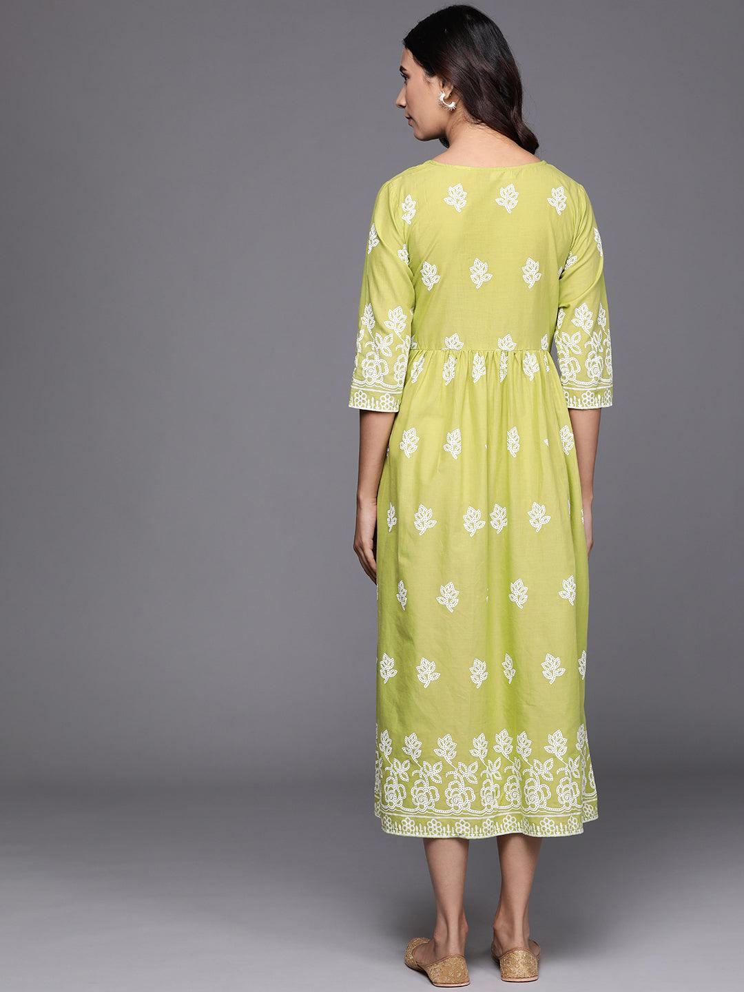 Green Printed Cotton Dress - Libas