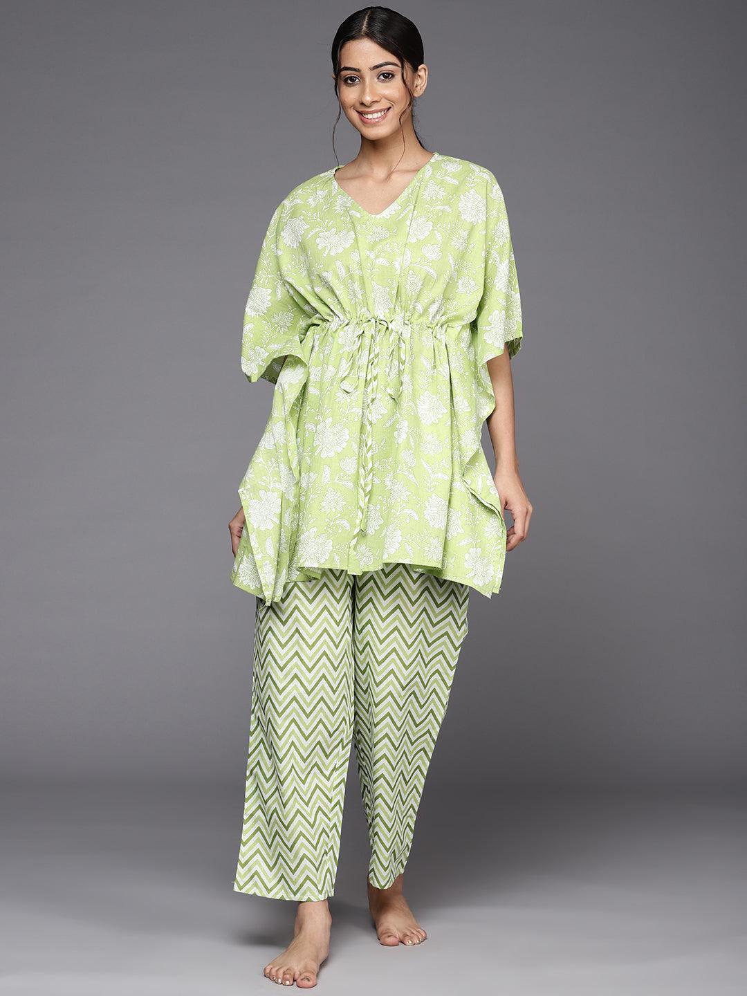 Green Printed Cotton Night Suit - ShopLibas