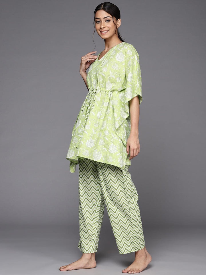 Green Printed Cotton Night Suit - ShopLibas