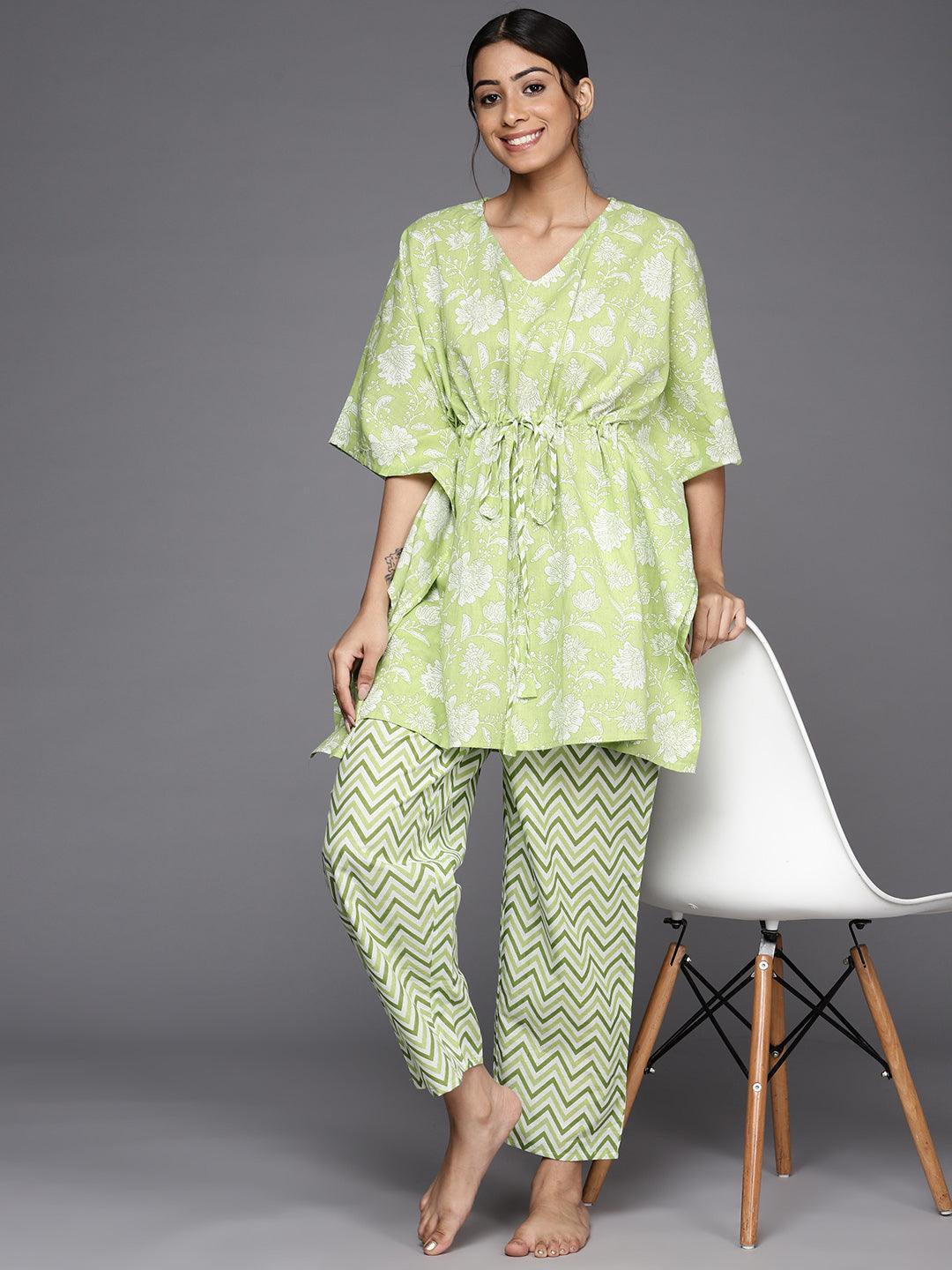 Green Printed Cotton Night Suit - ShopLibas