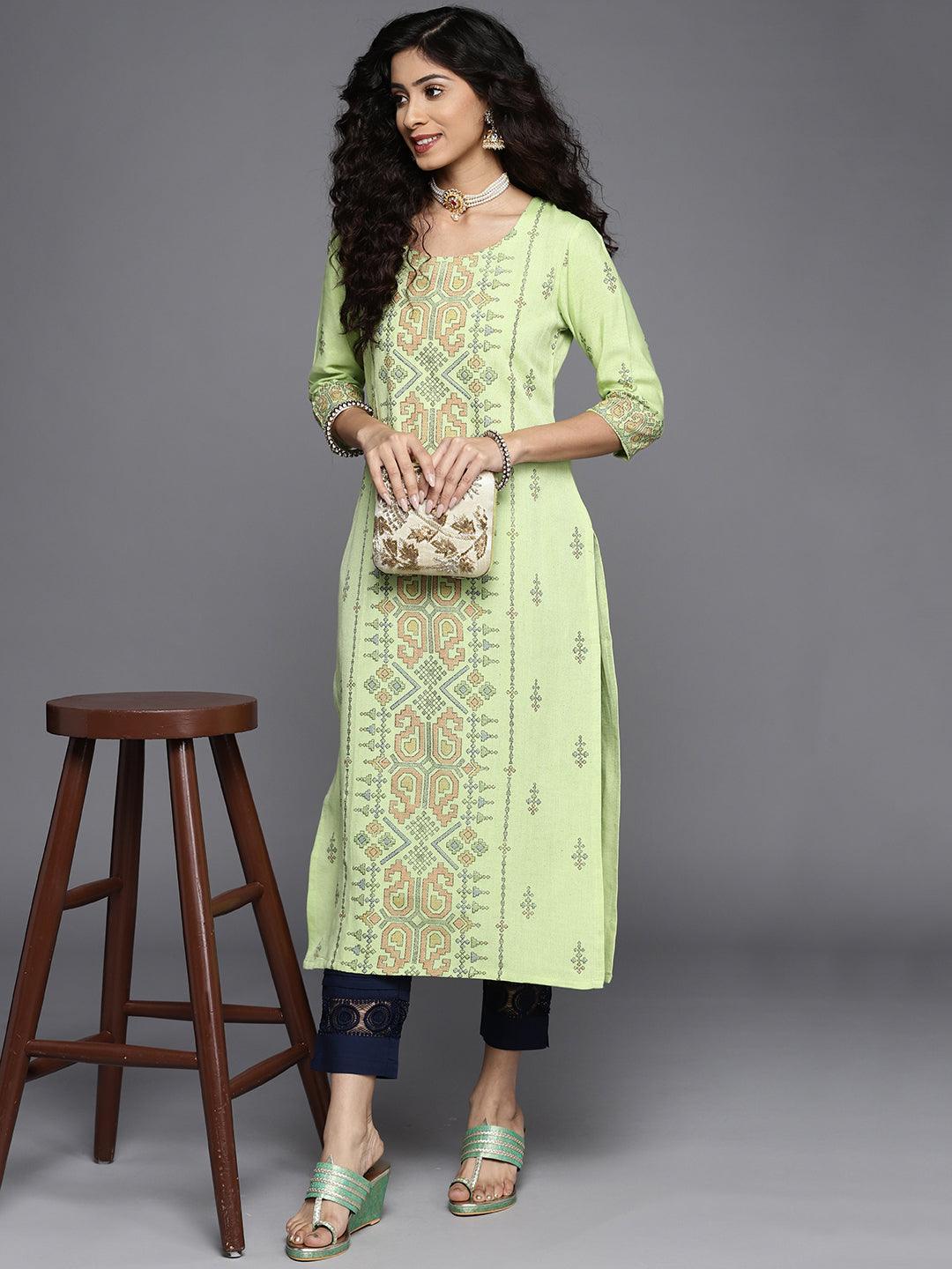 Green Printed Cotton Kurta - ShopLibas