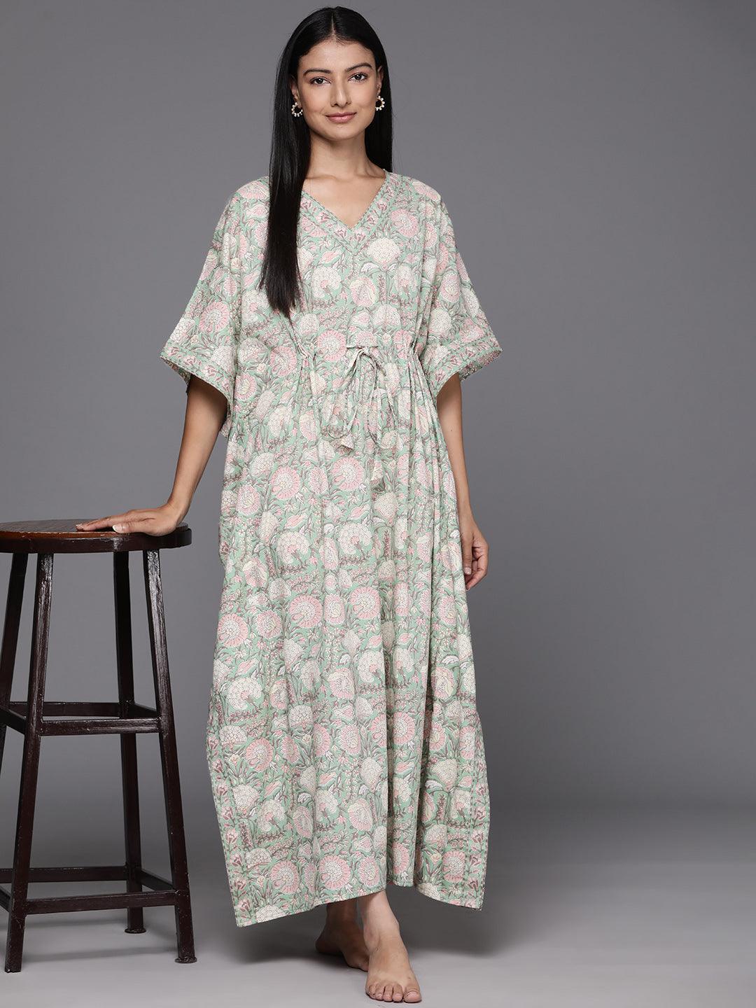 Green Printed Cotton Night Dress